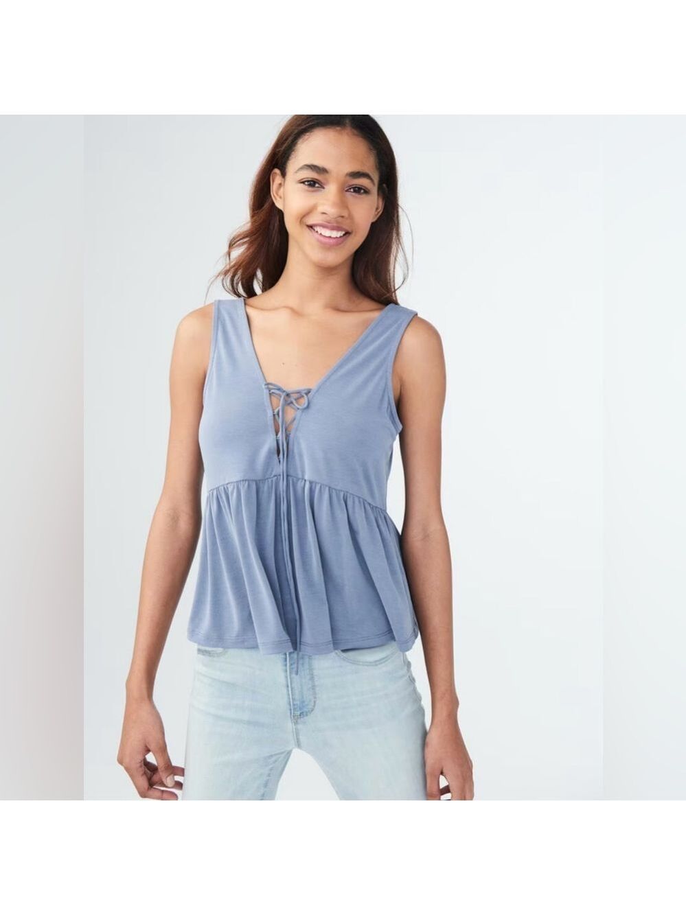 Aeropostale Solid Lace-Up Peplum Boho Festival Baby Doll Tank in Blue size XS
